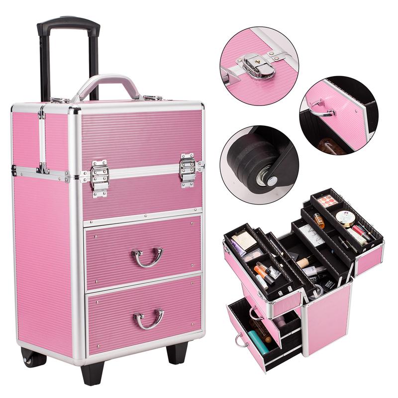 4 Tier Lockable Cosmetic Makeup Train Case with Extendable Trays Pink Aluminum Frame Travel Companion Secure Storage Stackable 6 Drawers Adjustable Handle