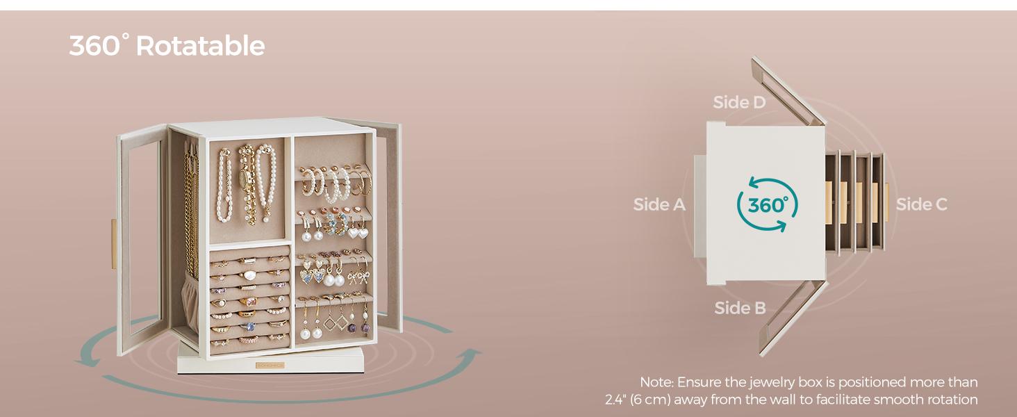 SONGMICS Jewelry Box 360° Rotating, Jewelry Storage Case with 5 Drawers,Glass Window, Spacious, Open Design, Great Gift