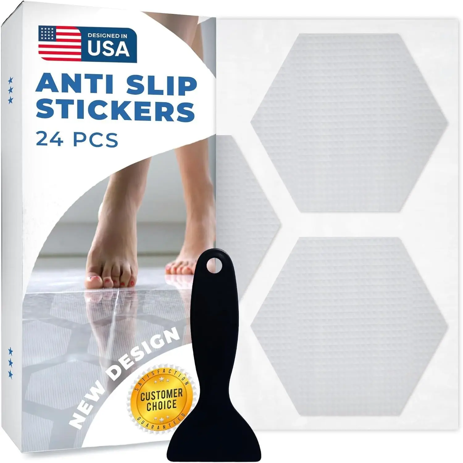 Anti-Slip Shower Stickers for Tub & Shower Floor --   Hex Non-Slip Bathtub Stickers, 24 Pack 3.25", -Pyramid Grip, Scraper Included, Easy Apply