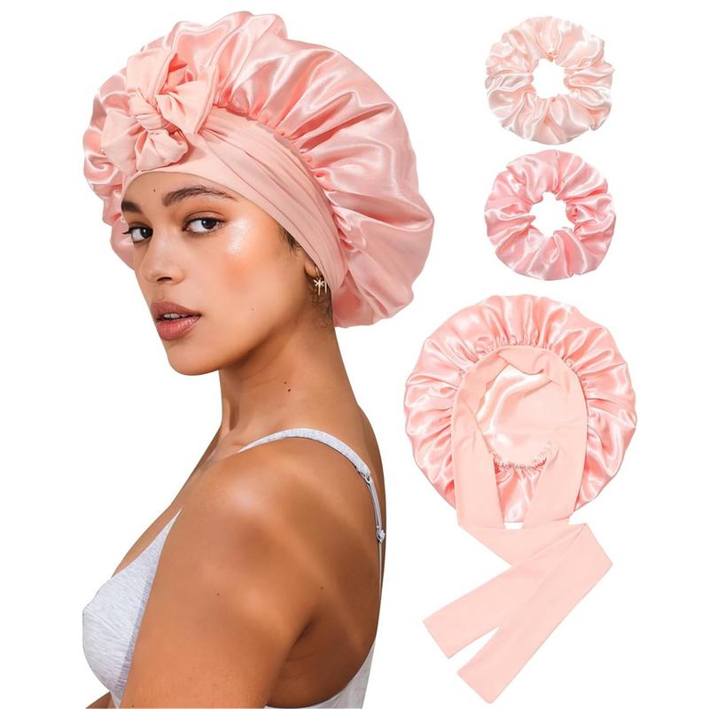 Double Layer Satin Bonnet for Sleeping Cap Women Reversible Hair Bonnets with 2PCS Hair Scrunchies Elastic Tie Band Nightcap Gifts for Women