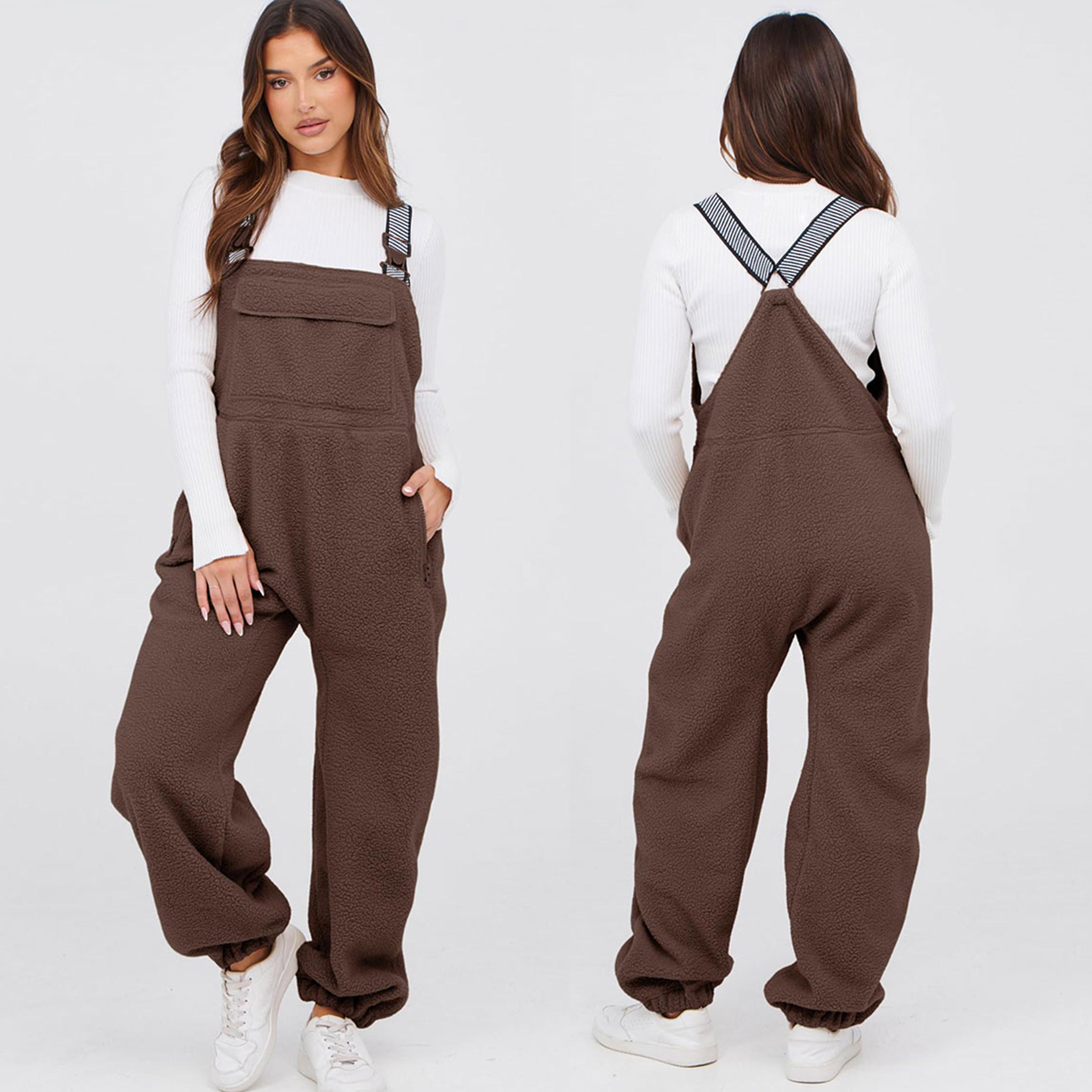Buenoble Women's Fuzzy Fleece Overalls Winter Bib Pants Loose Fit Adjustable Strap Jumpsuit Warm Teddy Sherpa Romper Loungewear Streetwear SpringStatements