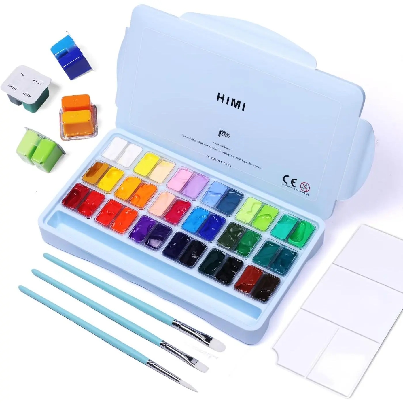 36-Color 12ml Each Jelly Cup Gouache Painting Portable Kit, Includes 1 Round-Tip Brush, 2 Flat-Tip Brushes, Palette Tray, Storage Carrying Case for Opaque Painting Artists