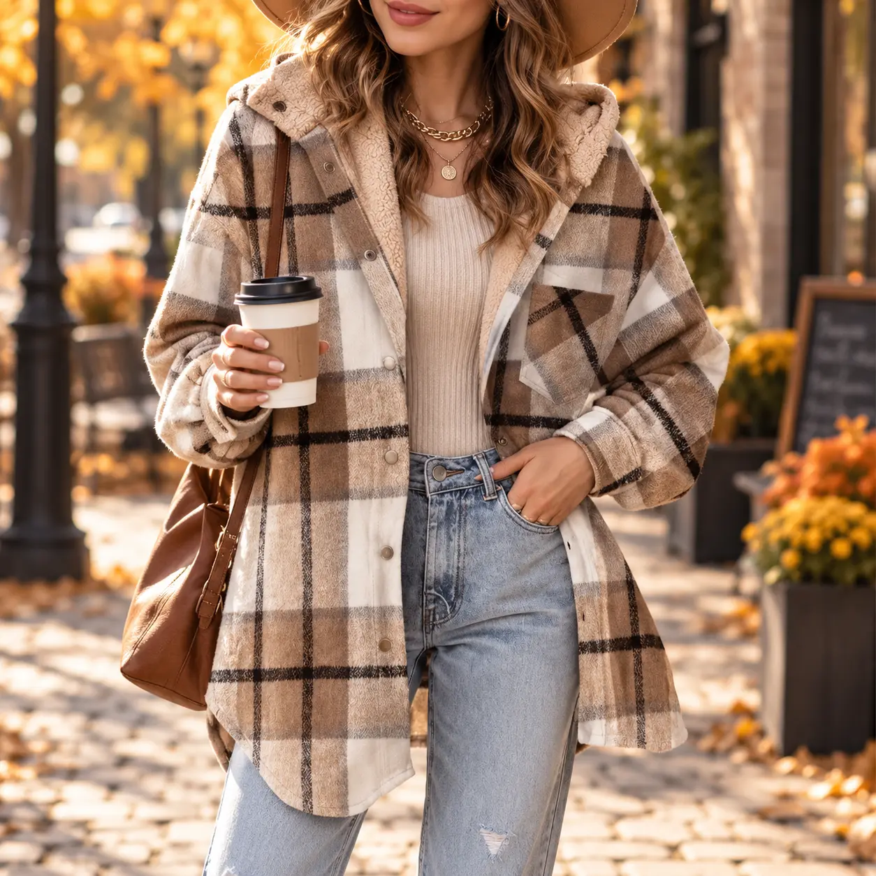 Women’s Plaid Hooded Shacket, Oversized Button-Down Jacket with Pockets, Warm Fall Winter Casual Outerwear
