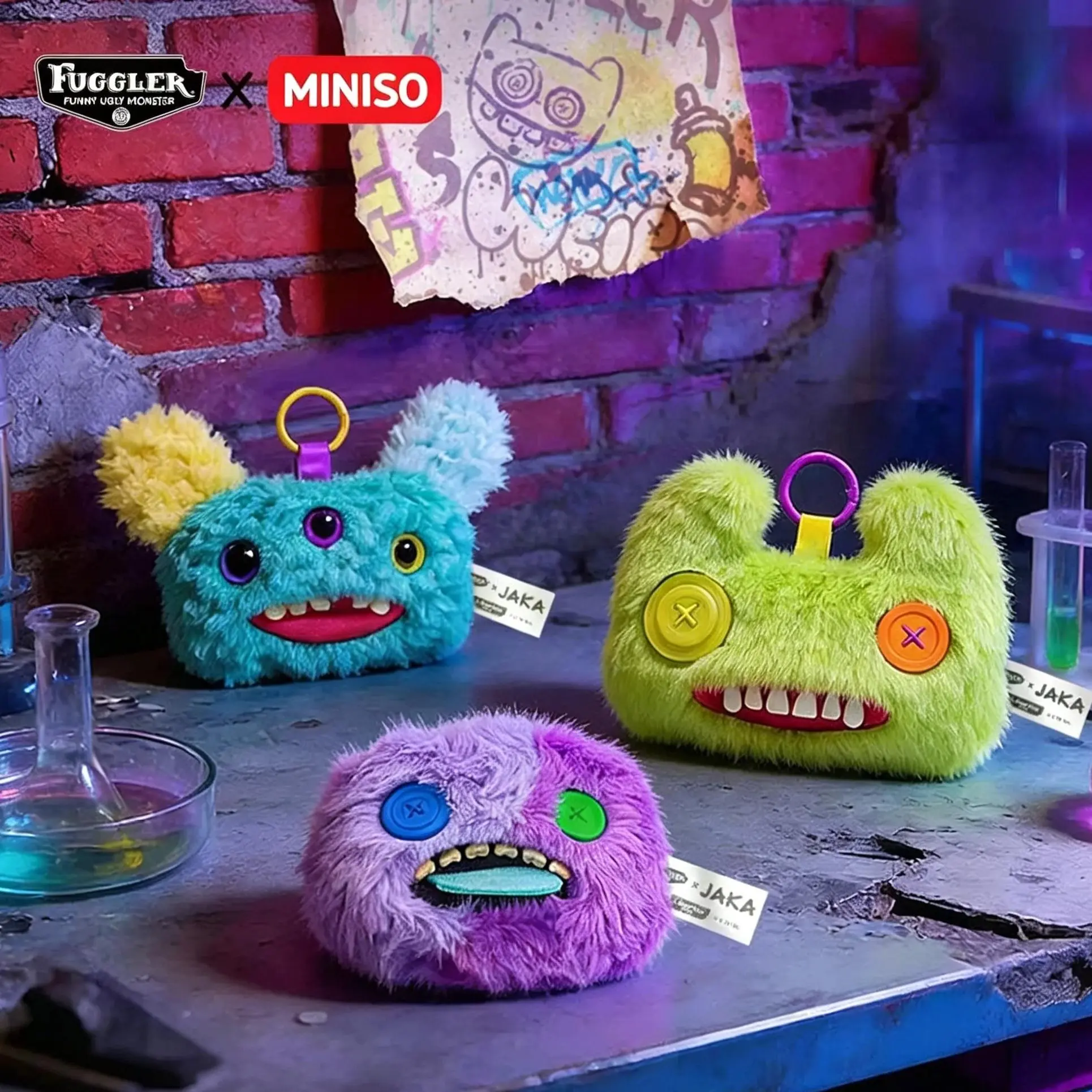 MINISO x Fuggler x JAKA Plush Coin Purse Keychain – Lab Escape Series Ugly-Cute Monster Plush Charm, suitable for attaching to bags for everyday styling, Back To School