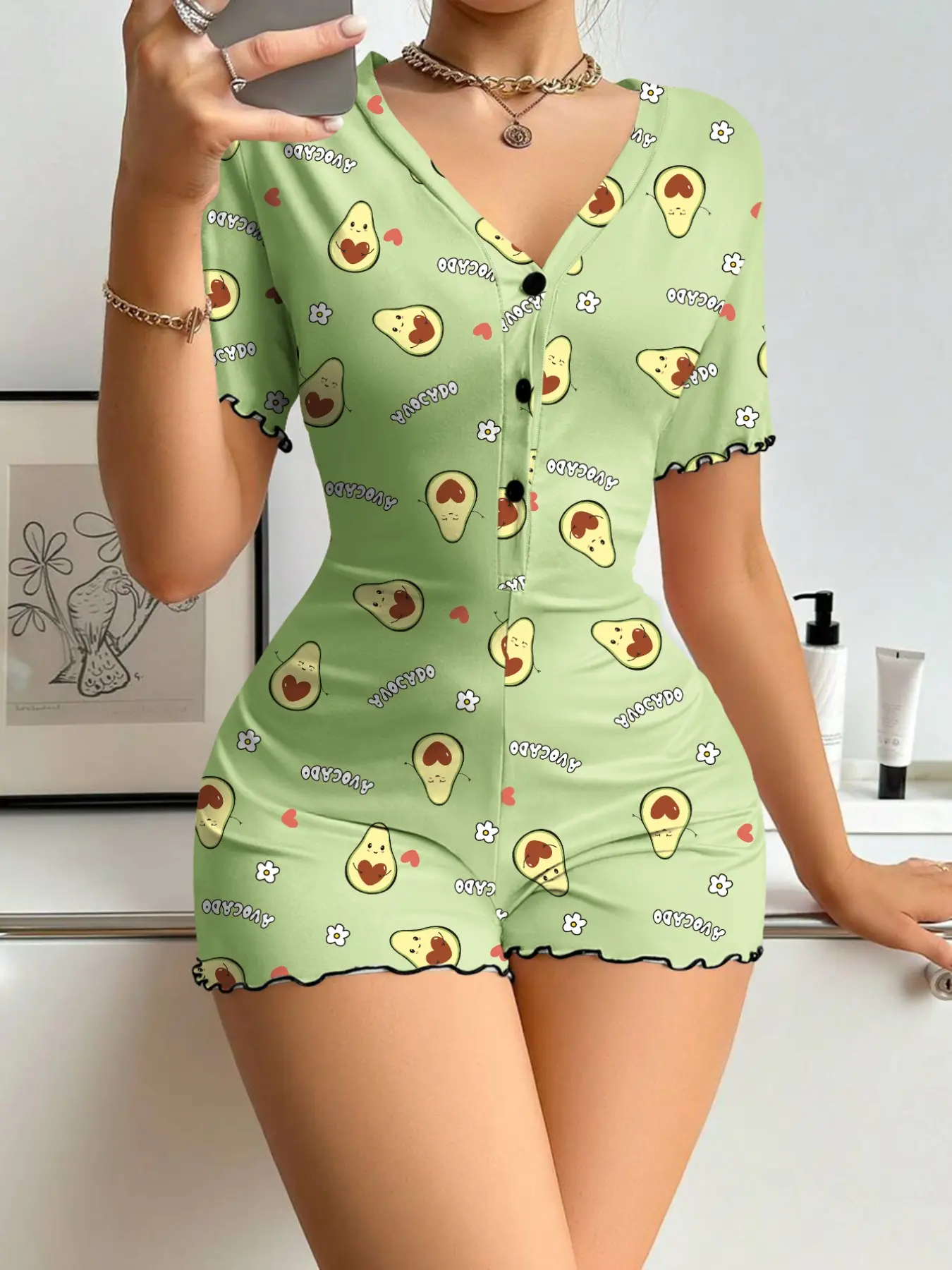 Cute Avocado Print Button Front Romper Pajamas for Women, Stylish V-Neck Short Sleeve Fitted Romper, Soft Comfortable Homewear for All Seasons, Mint Green, Casual Comfy Romper, Chic Romper, Cute Rompers