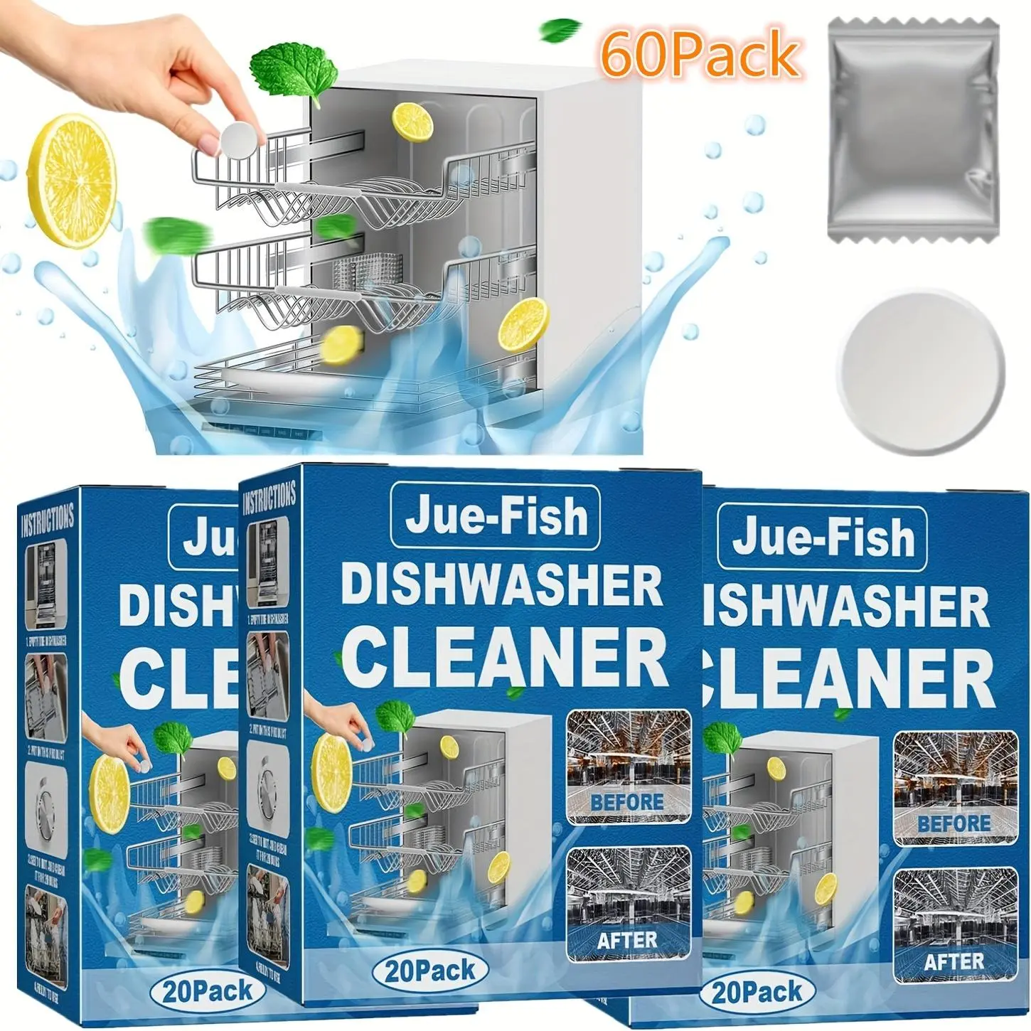 Dishwasher Cleaning Tablet, 20/40/60 Packs Highly Efficient Dishwasher Cleaner, Household Kitchen Tableware Care Supplies, Washing Tablets, Dishwasher Detergent, Kitchen Cleaners, Scented Cleaning Products, Home Cleaning Supplies