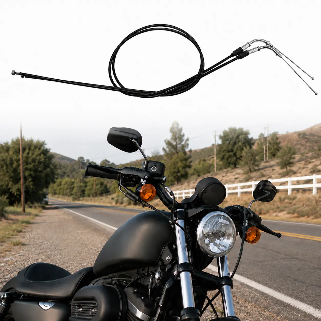 43.3" 110cm Push Pull Throttle Cable Set for Compatible Harley-Davidson Sportster XL883 XL1200 1999-2014, Black Steel Wire Throttle and Idle Return Cables for Stock or Modified Handlebar Routing, Motorcycle Accelerator Control Cable Replacement Pair