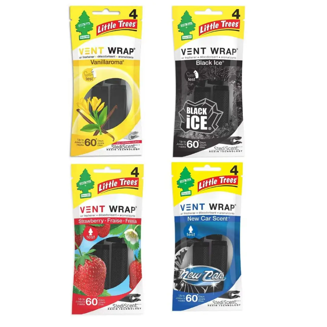 Little Trees Vent Wrap Car Fragrance Set 4-Pack - Handpicked Best-Selling Assorted Scents (Woody Black Ice, Citrus New Car Scent, Vanilla Coconut Vanillaroma, Fruit Strawberry) - Automotive & Home Interior Accessories