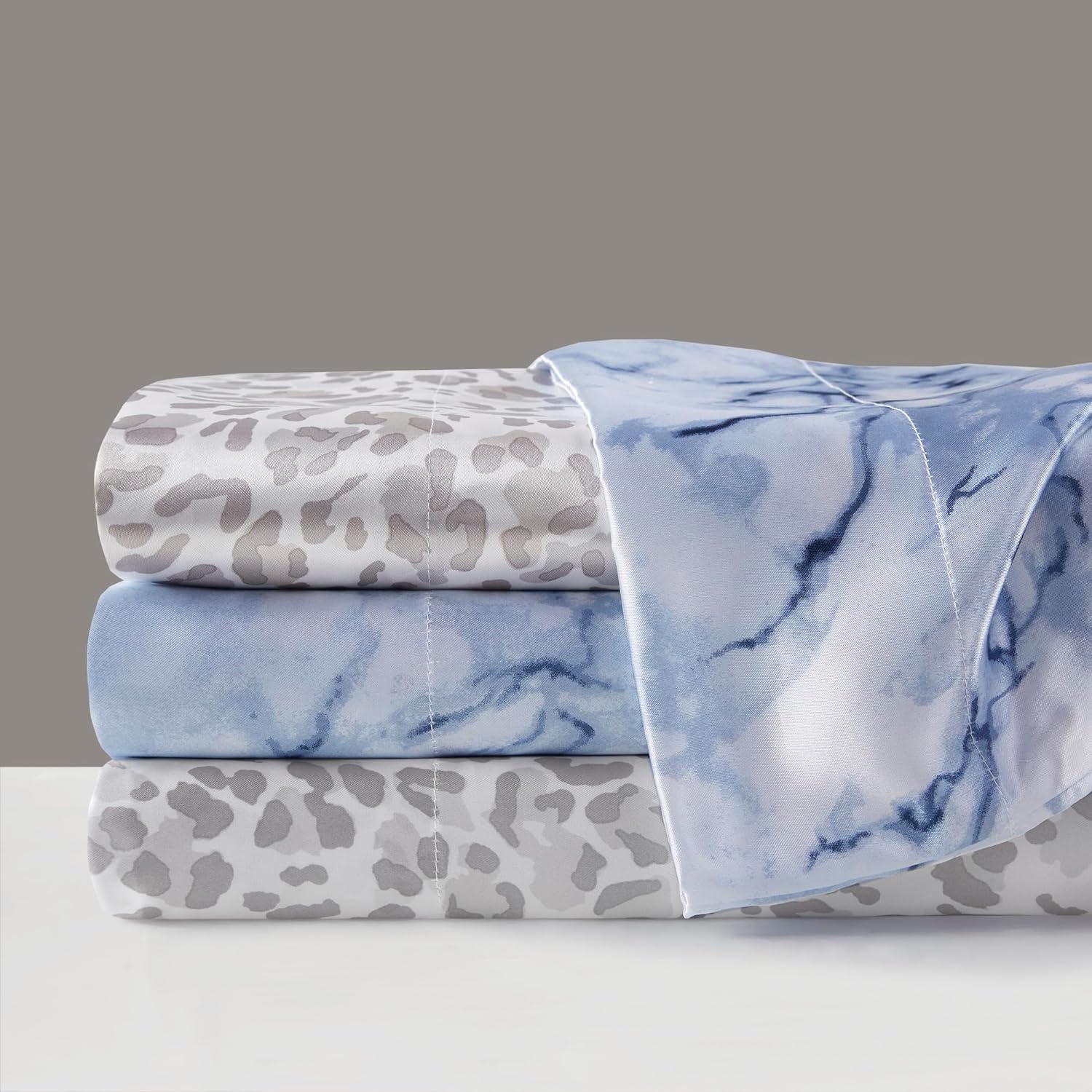 Madison Park 4 Piece Leopard Printed Satin Sheet Set (1*Flat Sheet + 1* Fitted Sheet + 2*Pillowcases), Luxury And Silky With Natural Sheen, Elastic 14" Pocket Fits Up To 16" Mattress, All Around Elastic - Year-Round Bedding