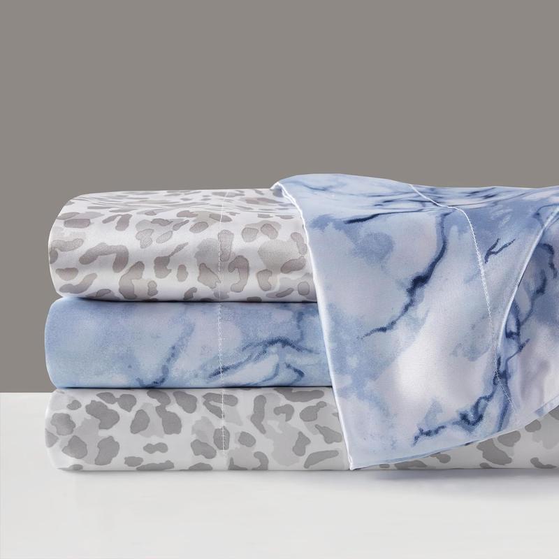 Madison Park 4 Piece Leopard Printed Satin Sheet Set (1*Flat Sheet + 1* Fitted Sheet + 2*Pillowcases), Luxury And Silky With Natural Sheen, Elastic 14" Pocket Fits Up To 16" Mattress, All Around Elastic - Year-Round Bedding