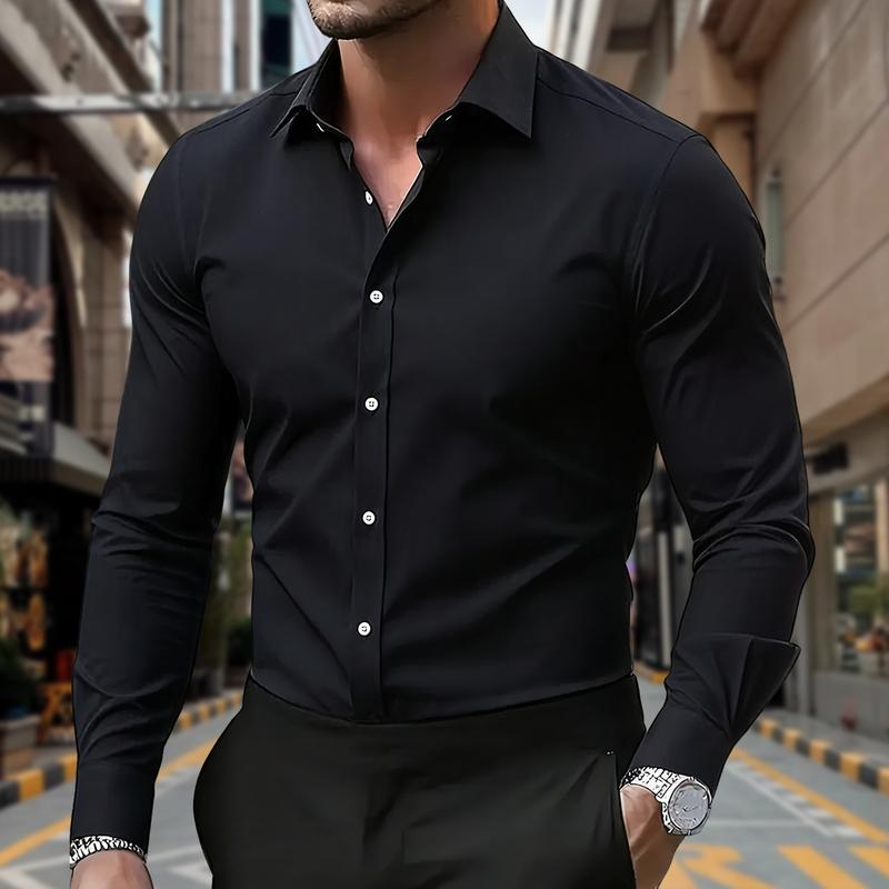 Men's Solid Color Stretch Shirt Ice Silk Cool Breathable Comfortable Business Casual Dual Use Turn-Down Collar European and American Style Top Men's Clothing Multiple Colors Available Easy Care