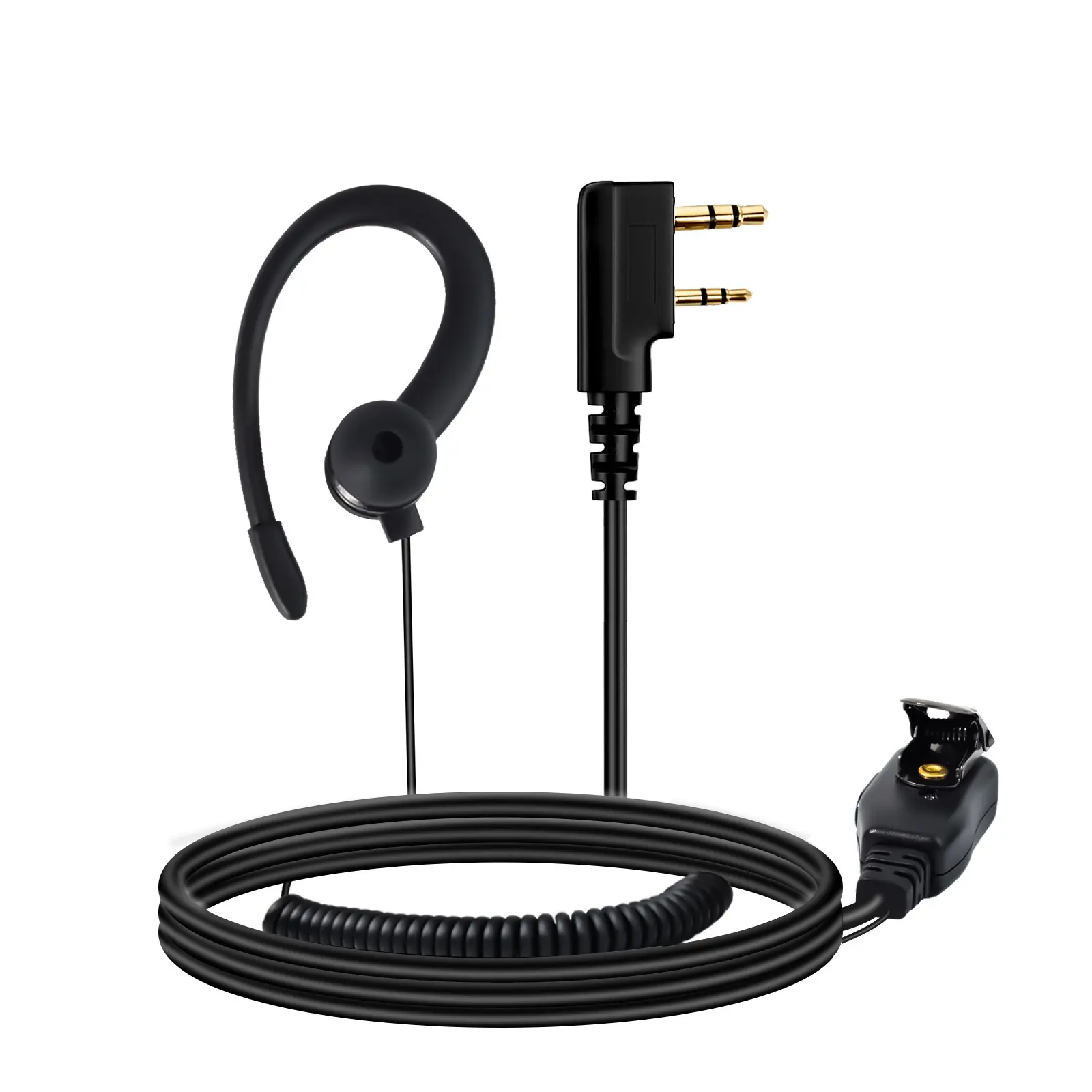 Black K-Type Plug Two Way Radio Earpiece, Headphone, Hands Free Call, w PTT, C Shape Ear Hook, 2-Pin Walkie Talkie Headset with Swivel Boom Microphone Compatible with Kenwood, Retevis, HYT, Baofeng UV5R for Security, Restaurant, Warehouse & Outdoor Use