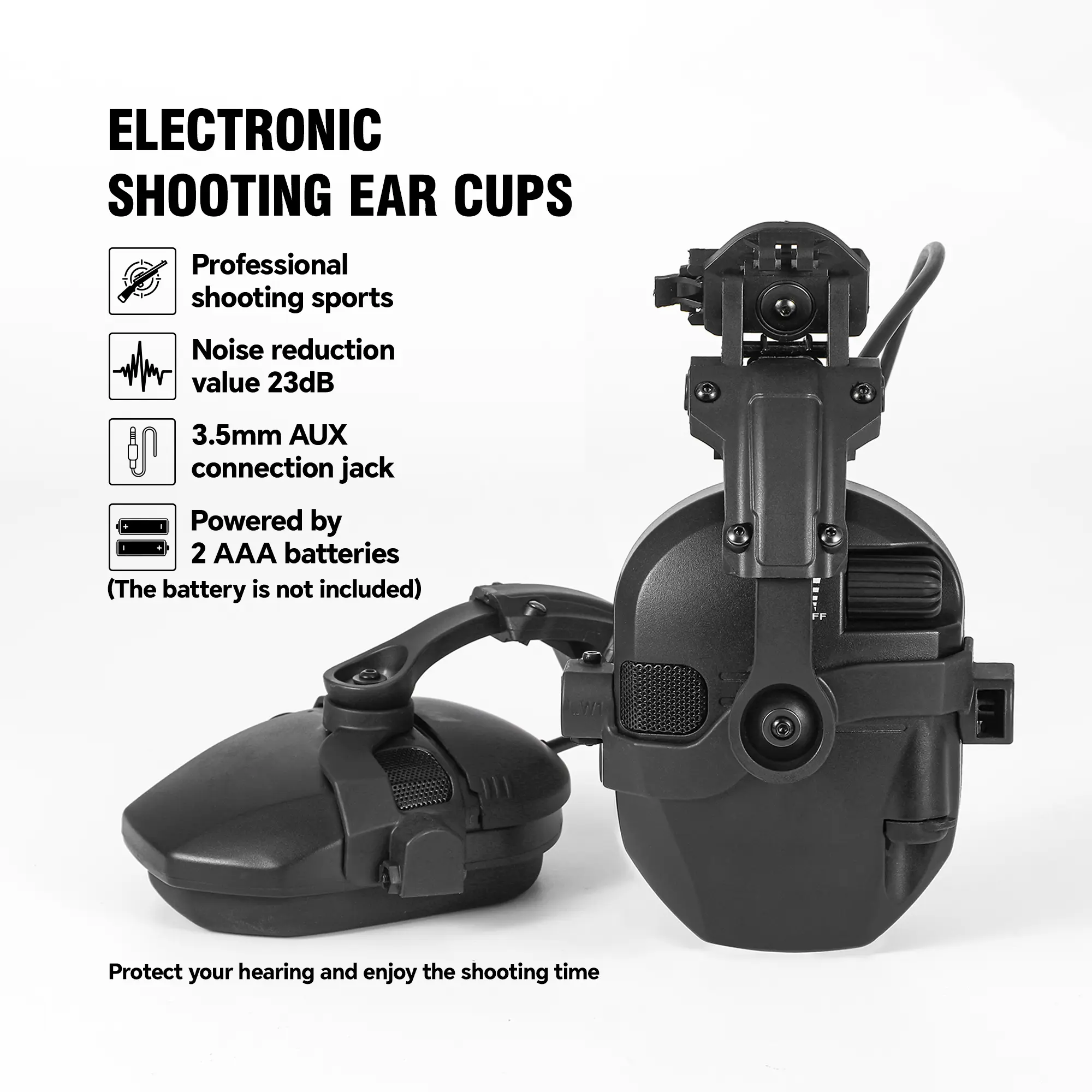 Safety First Professional Electronic Ear Protection for Hunting, 23dB Impulse Noise Reduction, Waterproof, AUX Input, 360° Helmet Mount Compatible with Ops-Core & Team Wendy