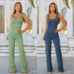 DENIM CHAIN TWO OUTWEAR SETS - THICK LOOP ROPE CHAIN DETAIL - CROP TOP WITH THICK STRAP - FULL ZIPPER ON THE BACK - ADJUSTABLE BELT - SOLID DENIM PANTS - ZIPPER ON THE BACK