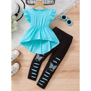 2pcs, Leopard Print & Plain Color Frill Sleeve Crew Neck T-shirt + Butterfly Graphic Pants Set For Girls, Versatile And Trendy Summer Outdoor Wear