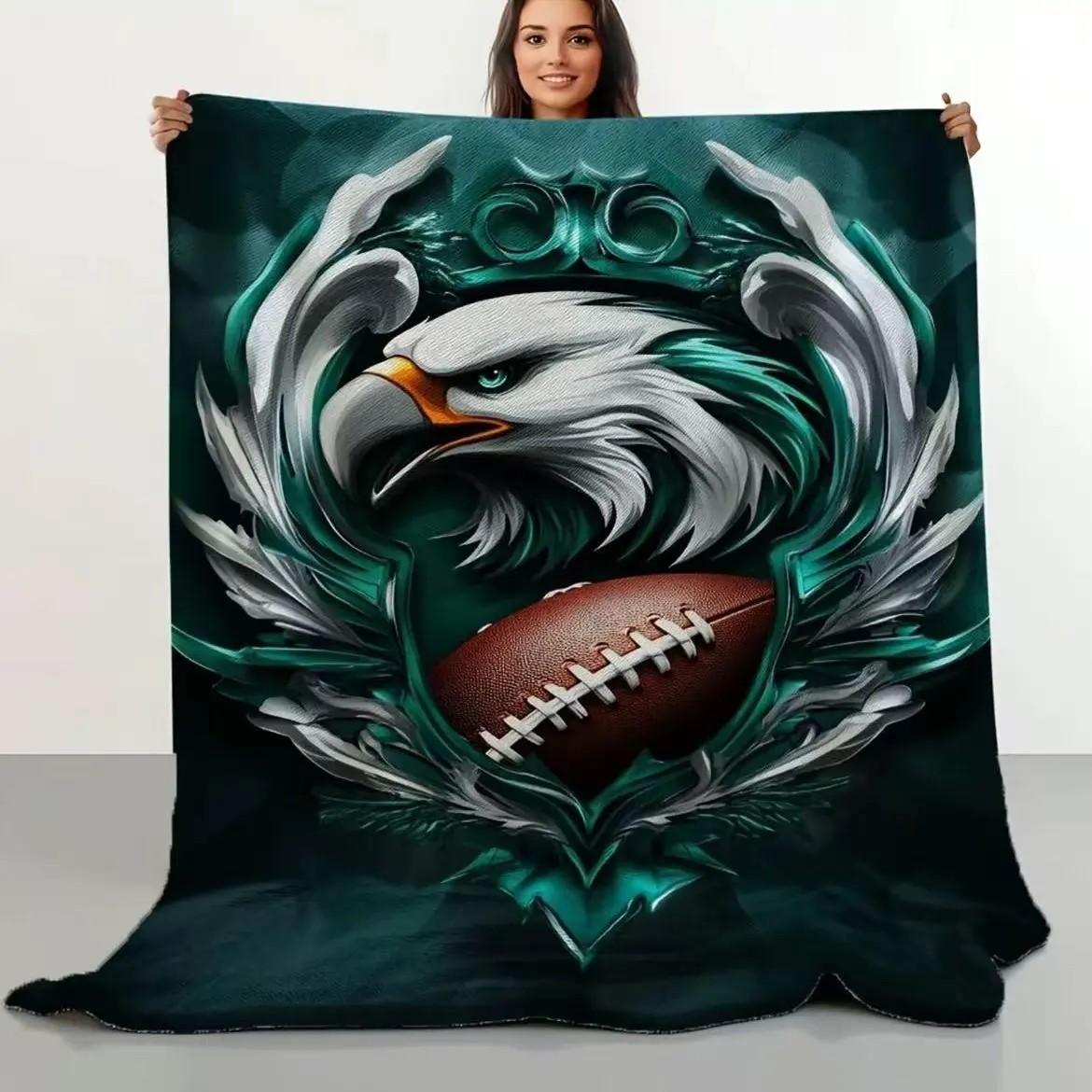 Retro Eagle Football Logo Printed Flannel Furry Blanket - Flannel Fabric, Printed Pattern, Ultra-Soft, Unisex All-Season Item, Vibrant Sports Design, Ideal Birthday Gift for Sports Enthusiasts