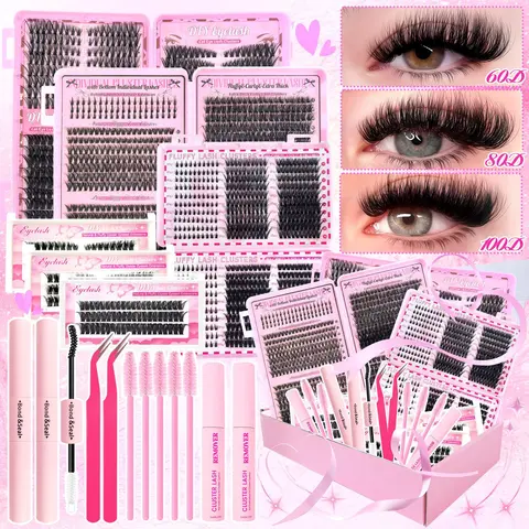 2080Pcs Fluffy Lash Clusters Kit Manga/Cat Eyes/Natural/Dense/Thick/Dramatic/Bottom Lashes Eyelash Clusters 9-18mm 30D 40D 80D 100D DIY Lashes Cluster Eyelash Extensions Kit Individual D Curl False Eyelashes with 2 Bond&Seal 2 Remover 2 Tweezers 5 Brushes
