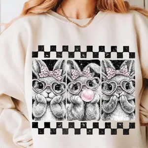 Preppy Easter Leopard Bunny Sweatshirt Or T-Shirt, Cute Easter Bunny Shirt, Bunny Ears Tee, Halftone Coquette Easter Hoodie, Spring Gifts For Her Him