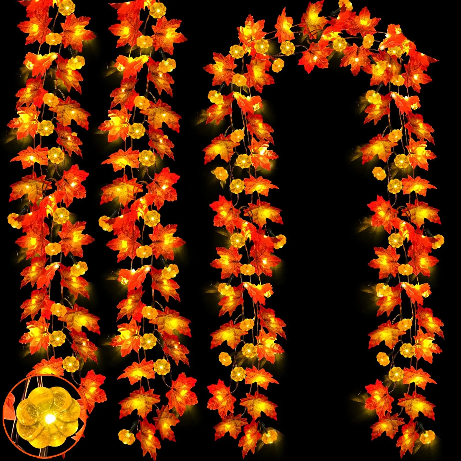 Timer - 3-Pack 30ft Fall Pumpkin Maple Garland with Lights - 60 LEDs, 4" Enlarged Imitation Maple Leaves, 3D Pumpkin Lights Timer, Battery Operated for Porch Mantel - Fall Decor, Halloween Ornaments, Decoration
