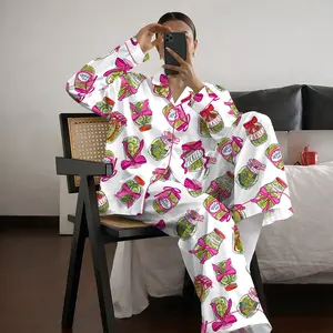 Pickle Satin Pajama Set, Women’s Pickle Lover Pink Bows Pajama Set, Sleepwear Gifts Nightwear Pajama Satin Long Pants