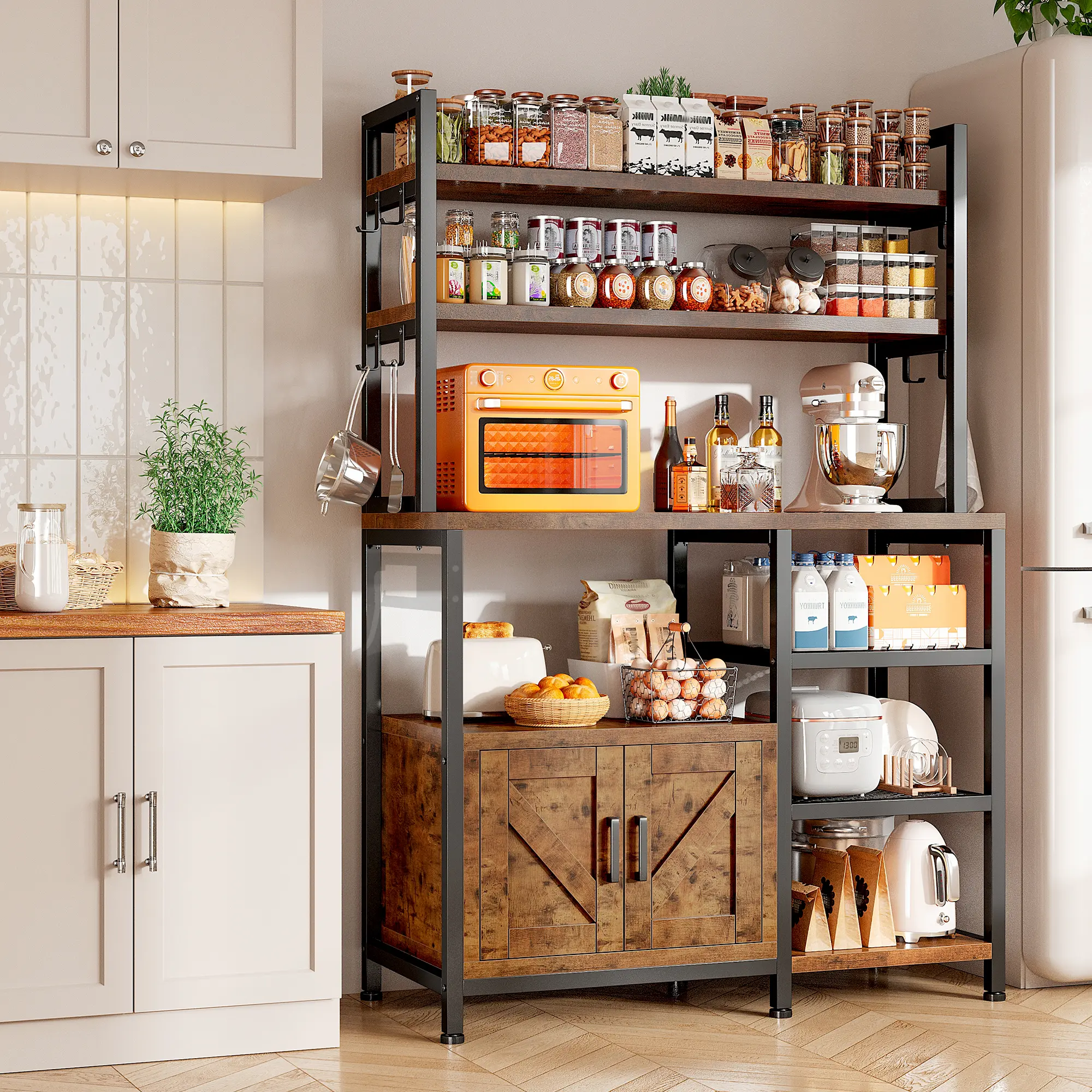 Raybee Furniture Bakers Rack for Kitchen with Power Outlet, 6-Tier Microwave Stand with Storage Cabinet, Farmhouse Kitchen Coffee Bar with Side Hooks, Utility Shelf for Kitchen,dorm essentials,home decor