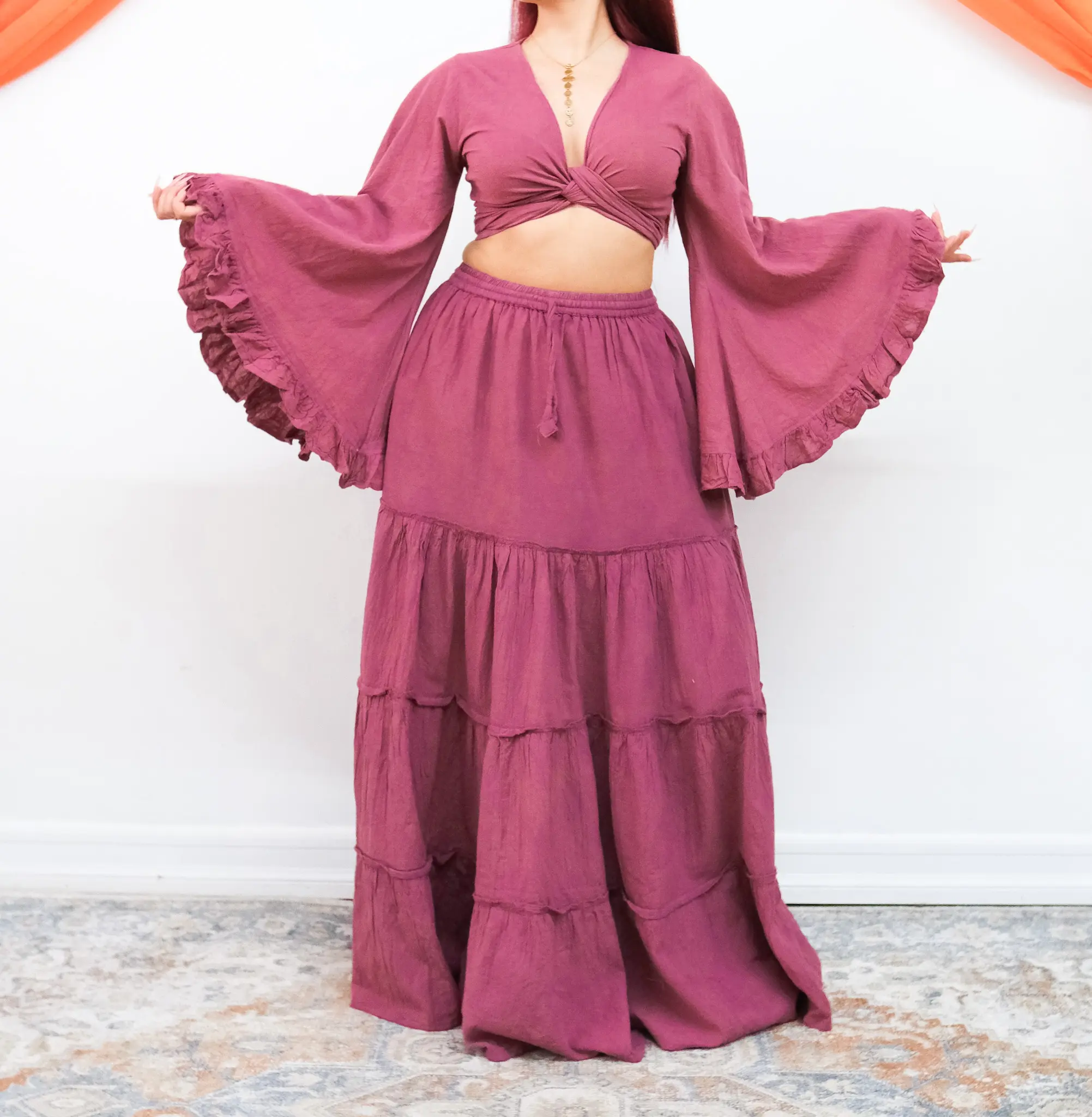 Cotton Tiered Flowy Skirt with Ruffle Sleeve Top, Loose Skirt Set, Summer Skirt, Bohemian Two Piece Set, Pleated Long Maxi Skirt,  90s Outfit, Hippie Style, Whimsical Fairy Core Skirt with Bell Sleeves, Solid Colors, Breathable, Festival Fashion