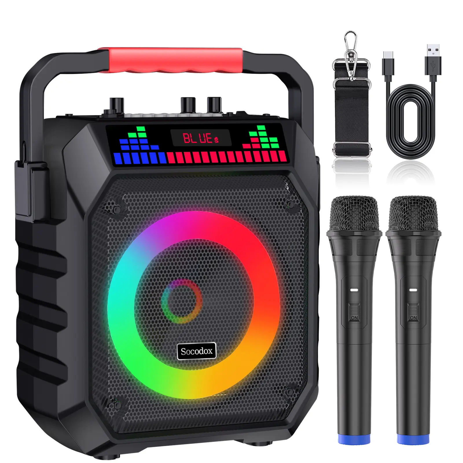 Socodox Compact Karaoke Machine with Handle, 2 Wireless Microphones, Bluetooth 5.2 Speaker, RGB Lights, AUX/USB/TF Connections, Home PA System for Family Party, Happy Birthday & Outdoor Fun (for Adults & Kids), Led Light