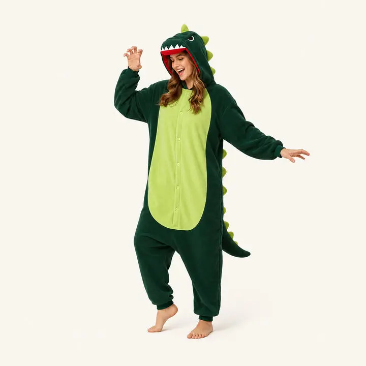 Women's Green Dinosaur Kigurumi Onesie Hoodie - Polyester Plush Fabric, Long-Sleeve, Button Closure 1-Piece Nightwear for Sleep & Relaxation