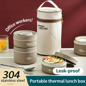 Portable Insulated Food Lunch Container Set, 1 Set Including 3 Counts Lunch Box & 1 Count Insulated Bag, 3 Separate Stackable Lunch Container for Adult & Kids Travel, Insulated Bento Box, Kitchenware Steel Multi-Layer Box with Tableware office lunchable