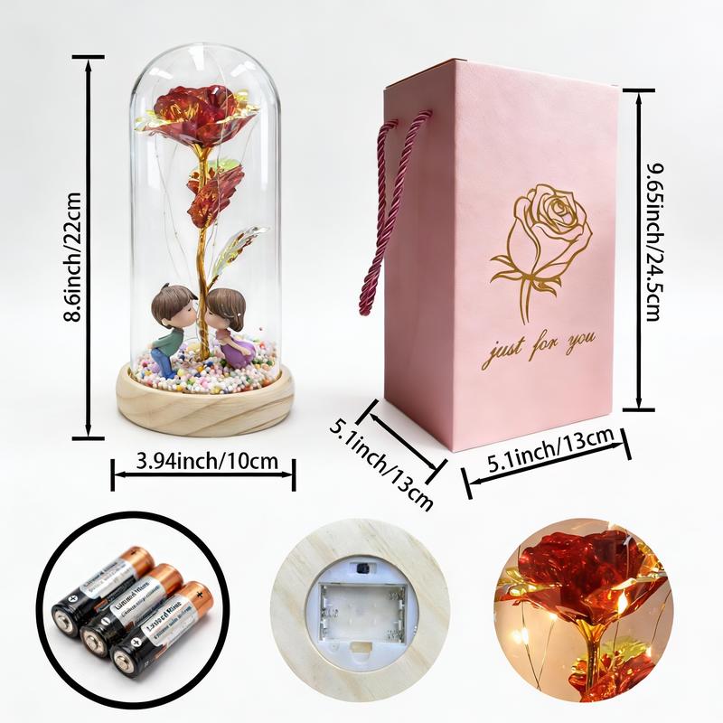 Valentine's Day Artificial Gold-Plated Rose with Creative Wooden Base and Glass Dome Featuring Couple Figurines, Multicolored Foam Balls, AA Battery Powered, Gift Box Packaging Ideal for Valentine's Day Gifts, Romantic Night Light for Bedroom Decor
