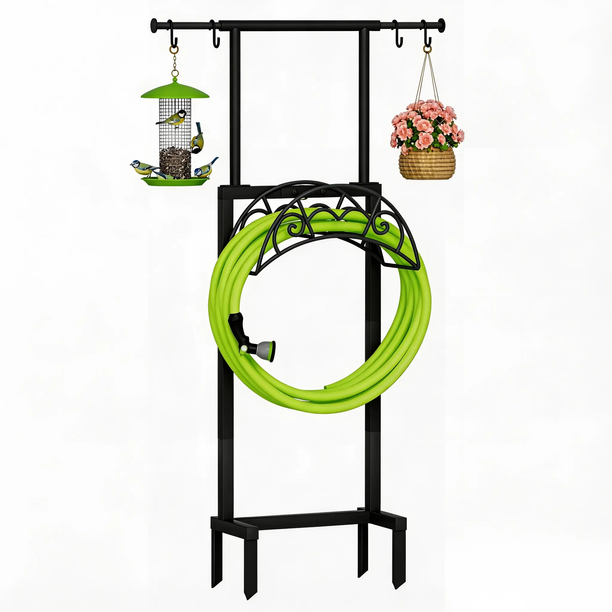 Black Heavy Duty Sturdy Metal Garden Hose Holder with Telescopic Pole, Detachable Freestanding Stake with 4 Spikes, Corrosion-Proof Storage Rack & Hanger for Garden Decor, Flower Beds (15.2" L x 8.2" W x 57.4" H)
