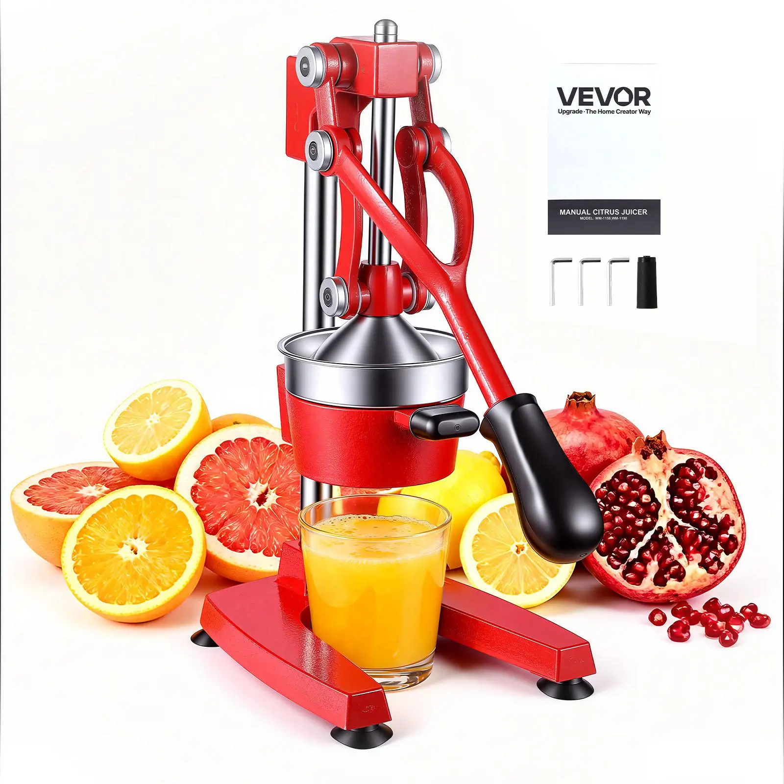 VEVOR Manual Citrus Juicer, 15" Tall Hand Press Orange Juicer, Manual Fresh Juice Extractor for Lemon Pomegranate Grapefruit, Heavy-Duty Cast Iron, Easy to Clean, Home & Commercial Use, Red