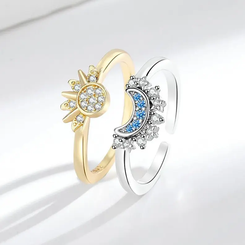 Celestial Sun & Moon Promise Rings Set for Women, Sparkling Stackable Friendship Love Ring Set, Fashion Accessories Suitable for Daily Wear or Party, Blue Moon & Golden Sun Ring, Perfect Gift for Mother's Day / Birthday, SummerVibes