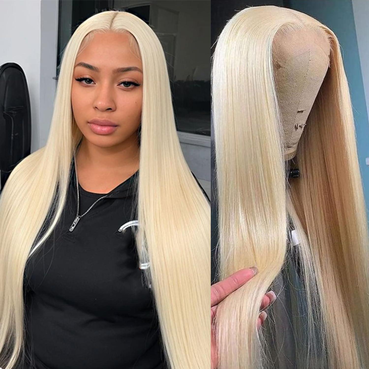 32 Inch 613 Lace Front Wig Human Hair 200 Density Straight Blonde Glueless Wig GK 32 Inch 613 Lace Front Wig Human Hair Blonde 13X6 HD  main image 3