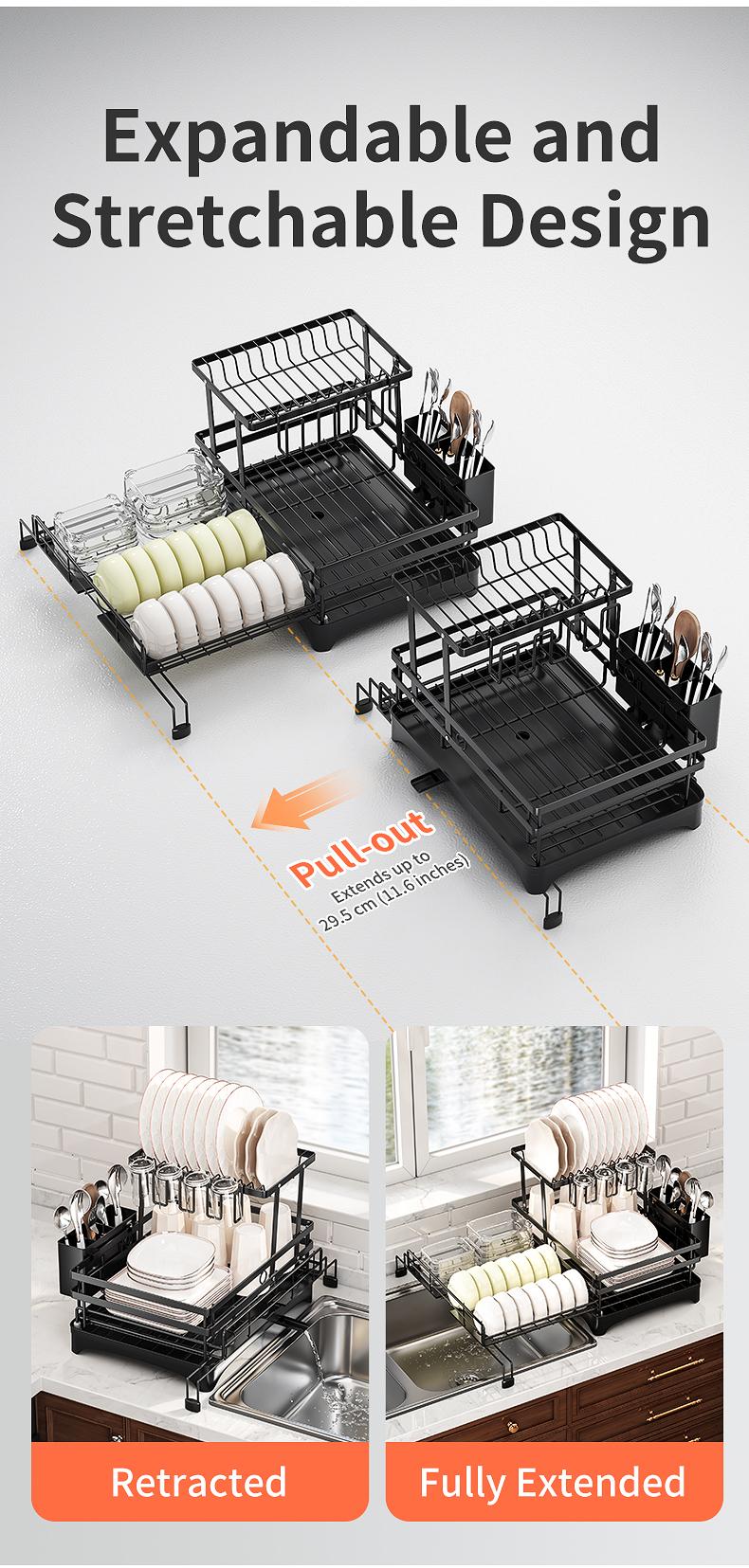 Foldable Over Sink Dish Drying Rack｜Pull-Out 2-Tier Dish Drainer with Utensil Holder｜Space Saving Kitchen Organizer for Small Kitchens