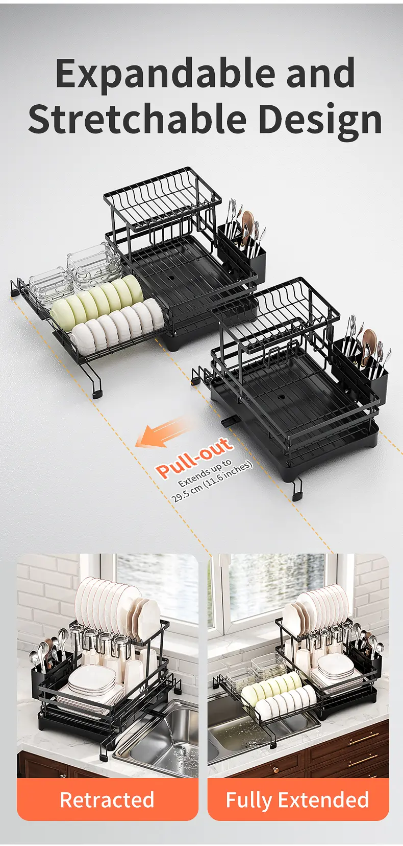 Seashark Foldable Over-Sink Countertop Dish Rack - Pull-Out 2-Tier Dish Drainer with Removable Utensil Holder, Adjustable Organiser, 360° Sink Drain for Small Kitchens, Home Goods, Apartment Stuff, Small Room Organization Products