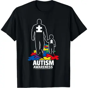 Autism Dad Walking Together Puzzle Casual Short Sleeve Cotton T-Shirt