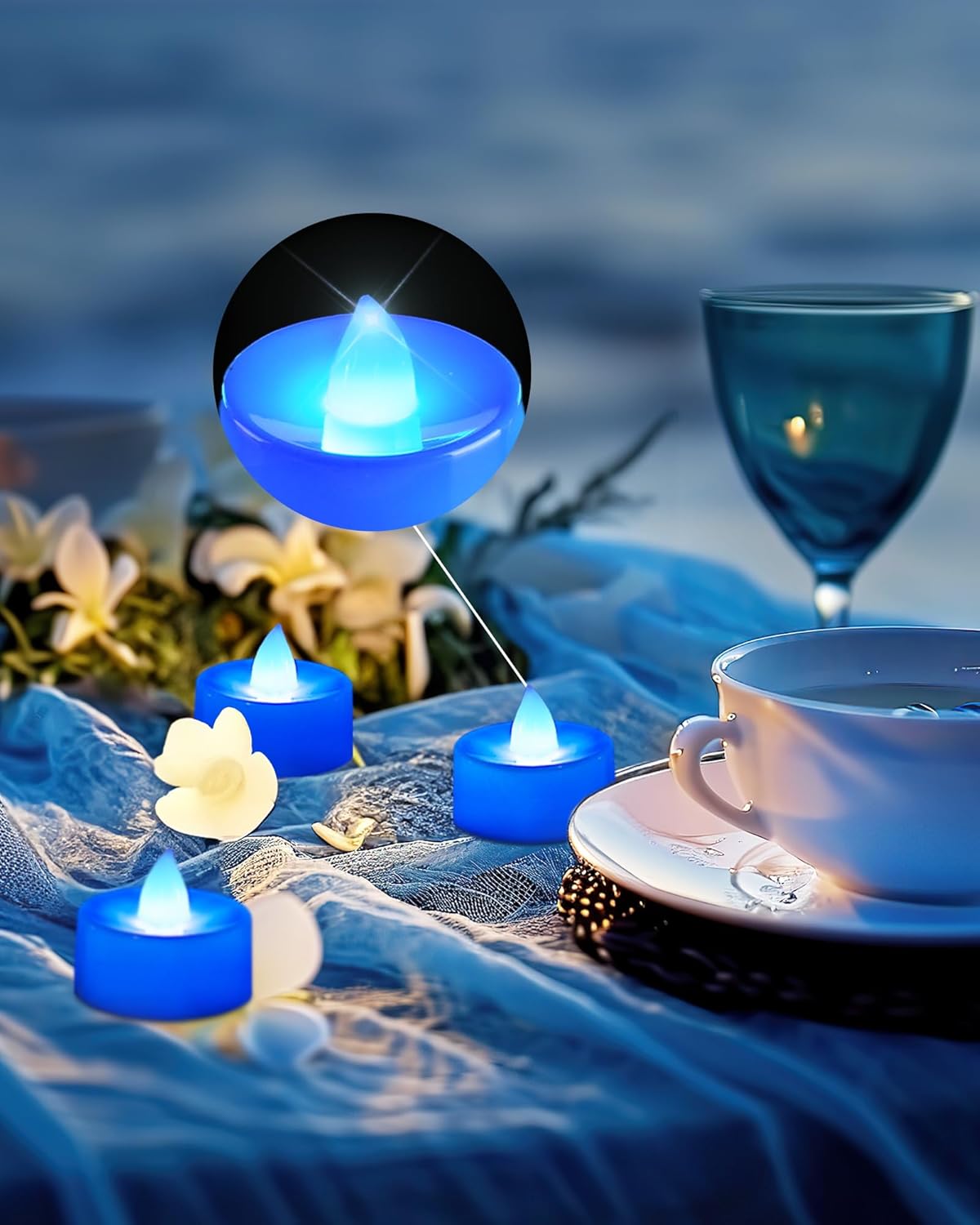 Flameless Candles 24Pack Battery Operated LED Tea Lights Flickering Blue Tealights for Halloween Christmas Wedding Safe 200 Hours Battery Included