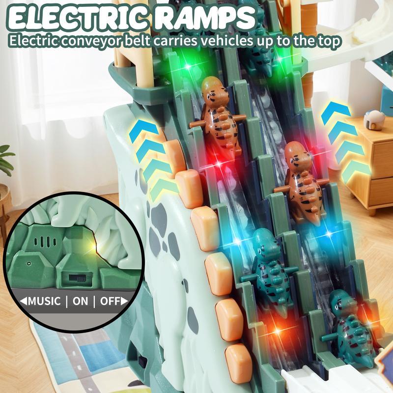 Dinosaur Climbing Slide Toy for Kids with Lights & Music 5 Mini Dinosaur Cars Double Loop Race Track Game Set Stair Climbing Toy for Boys and Girls Interactive Race Track for Toddlers Ages 2+
