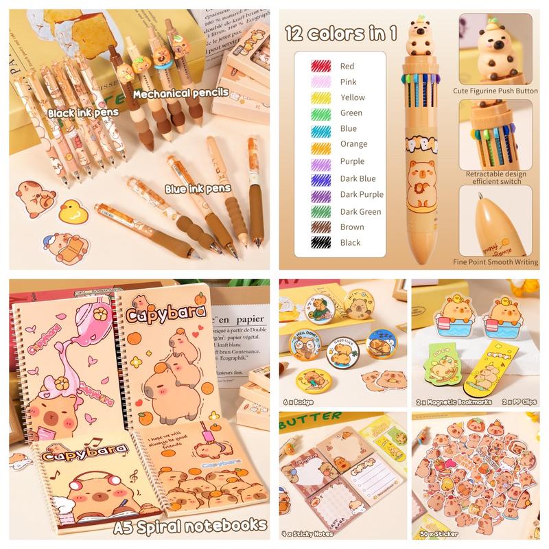 Fimibuke School Supplies 36PCS Cute Capybara Stationery Set with Pencil Case Gel Pens Pencil Stickers Pins Notebooks Sticky Notes Kawaii Birthday Gifts for Kindergarten Elementary