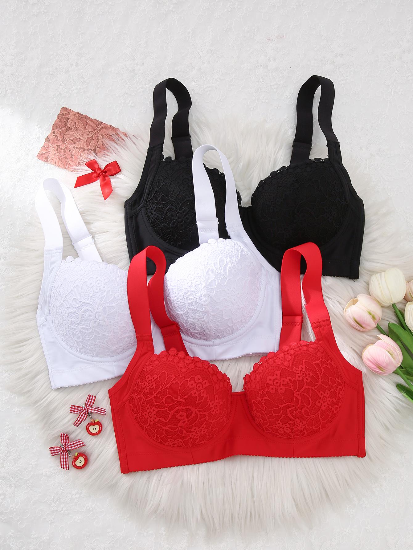 Mimilemon 3PCS Elegant Ladies Bra Non-Detachable Pads Steel Cups Floral Pattern Comfortable All-Day Wear Adjustable Underwear everyday lace Elegance Womenswear Push up bra brasier Aesthetic Style