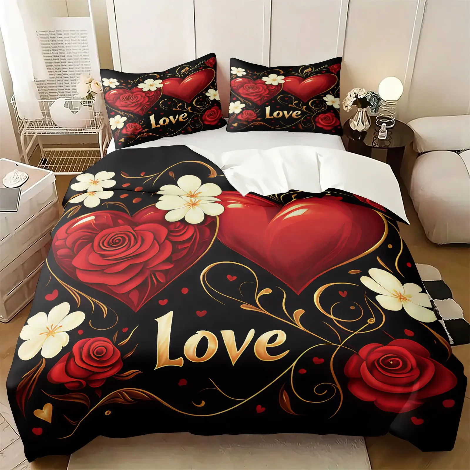 Romantic Valentine's Day Bedding Set, Perfect Holiday Gift, Romantic Bedroom Decor, Rose And Heart Patterns, 2/3pcs Rose, Heart-shaped Pattern & Love Print Duvet Cover Set, Soft and Comfortable, Includes 1 Comforter Cover and 1 or 2 Pillowcases