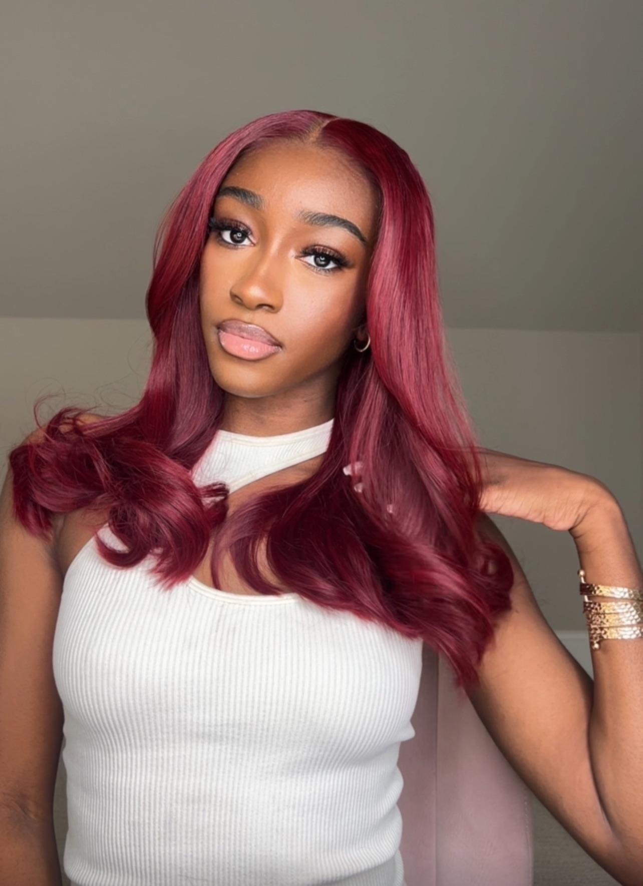 Arabella Designer Style 6x5 Glueless Frontal Lace Long Bob Wig 99J# Burgundy Red Blunt Cut Super Silky Straight Grab to Go Human Hair Lace Closure Wig