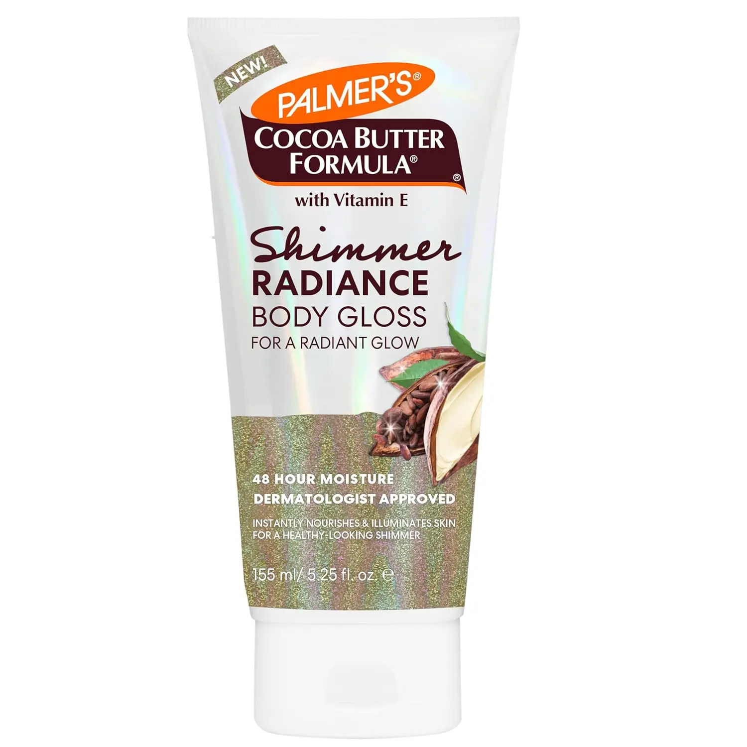 PALMER'S Cocoa Butter & Vitamin E Shimmer Body Lotion - 5.25 Fl Oz Vegan Moisturizing Body Care for Adults, Hydrating Glow, Radiance, Nourishing, Brightening, Blurs Veins, Cellulite Care, Plant-Based, Cruelty-Free, Shimmer Pearls, Normal Skin, Female