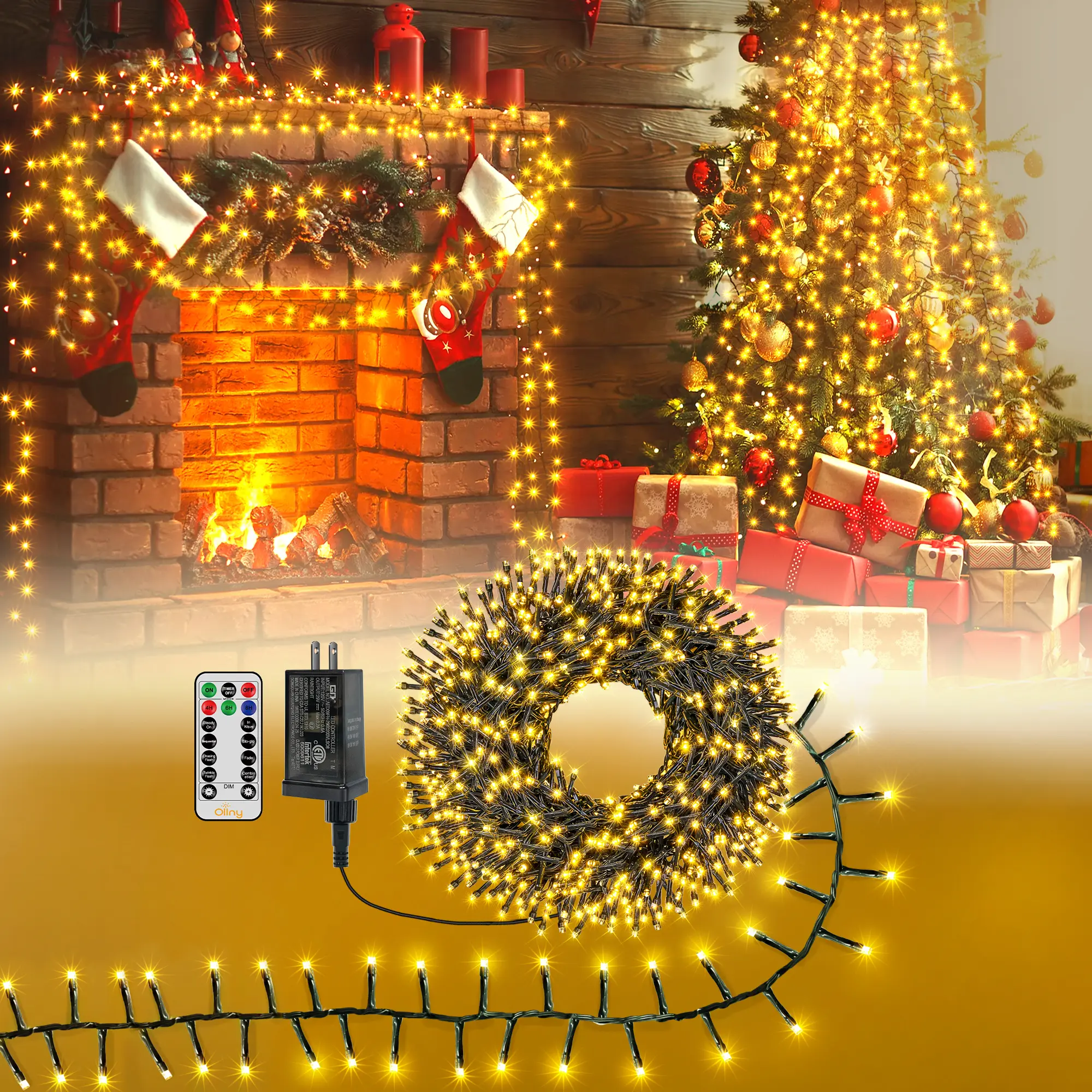 Ollny Cluster String Lights, Warm White Christmas Tree Lights with 8 Modes, Timer Remote, Waterproof Design for Patio Decor, Mood Lighting, Weddings, Holiday Parties, Party Lights