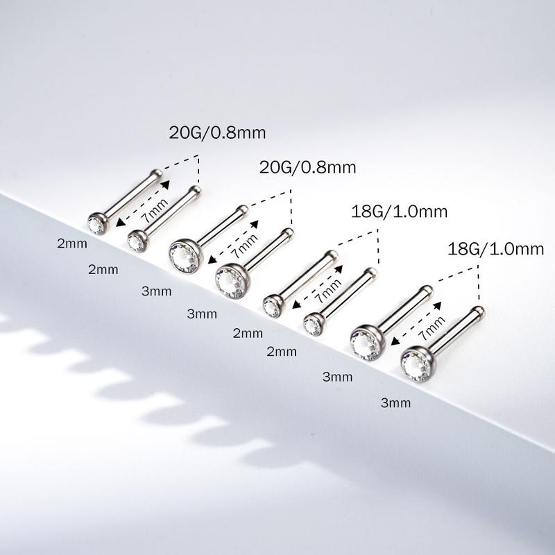 Oufer 2Pcs 18G/20G Titanium Straight Barbell CZ Gems Nose Nostril Piercing Stud Set of 2 Barbell Length 7mm CZ Size 2mm 3mm