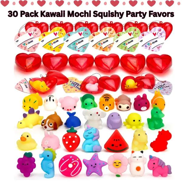 30-Pack Kawaii Mochi Squishies Stress Relief Fidget Toys - Latex-Free, BPA-Free Set with Cards, Heart Case, Ideal for Kids' Favorite Learning & Children Development, Valentine’s Day Gift Exchange