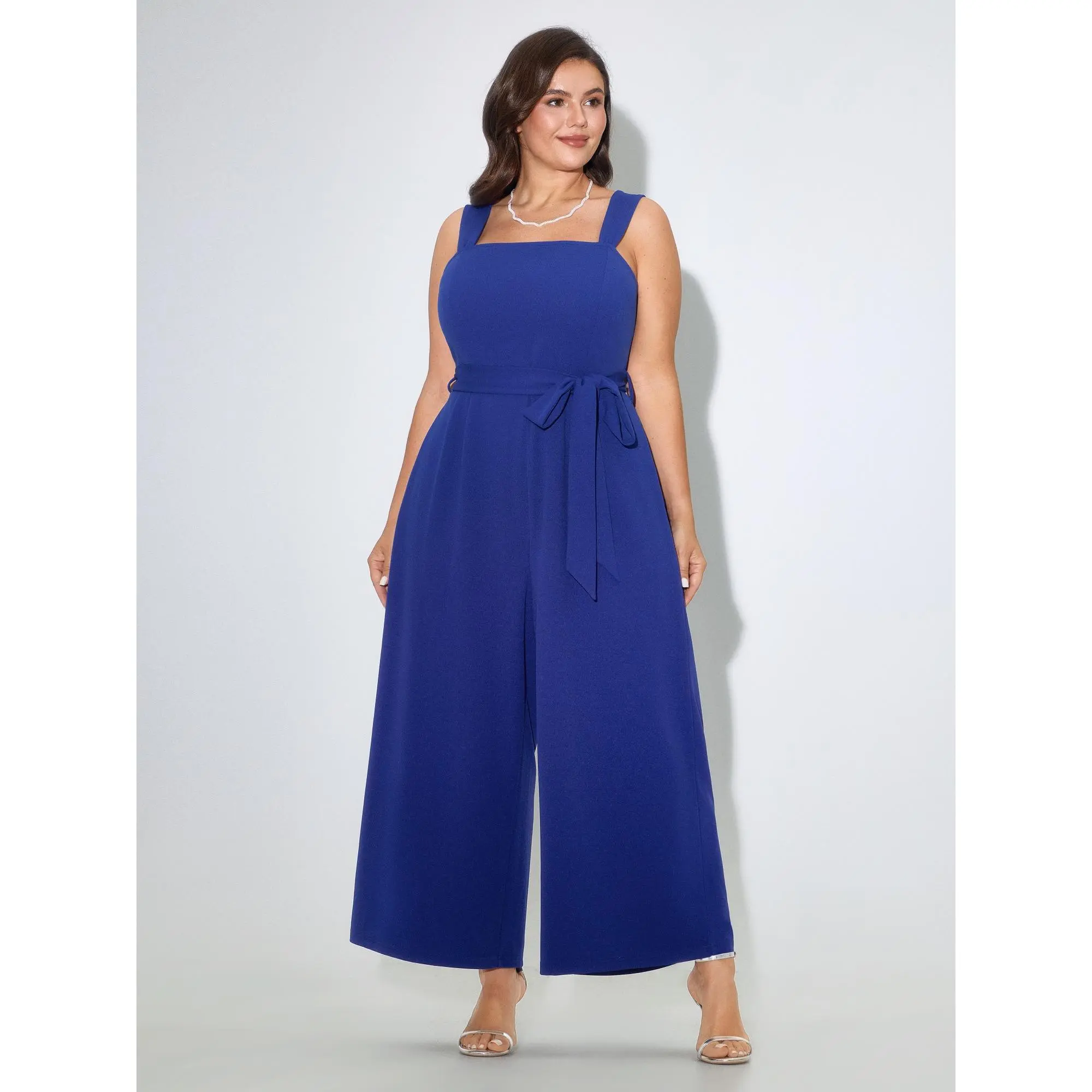 BLOOMCHIC Women's Plus Size Solid Square Neck Sleeveless Belted Wide Leg Overalls - Spandex Fabric, Pocket, Flattering Fit, Multi-Size M-6X, Summer Womenswear Jumpsuit