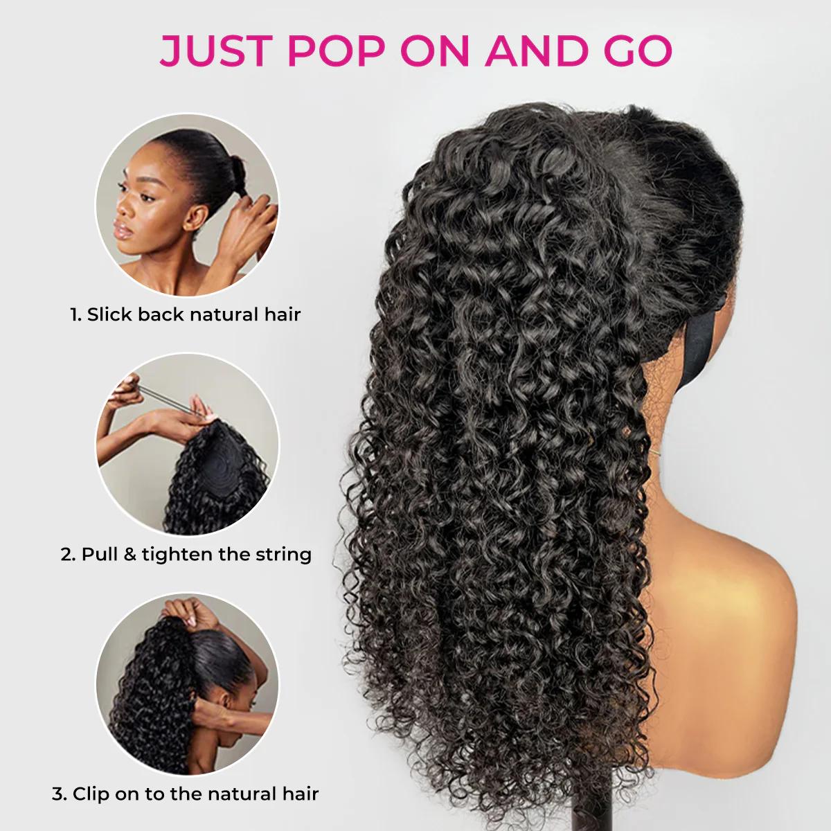 ISEE HAIR Ponytail Water Wave & Kinky Curly & Kinky Straight InvisiFit Strap Cap With Clip In 100% Human Hair#SpringStatements