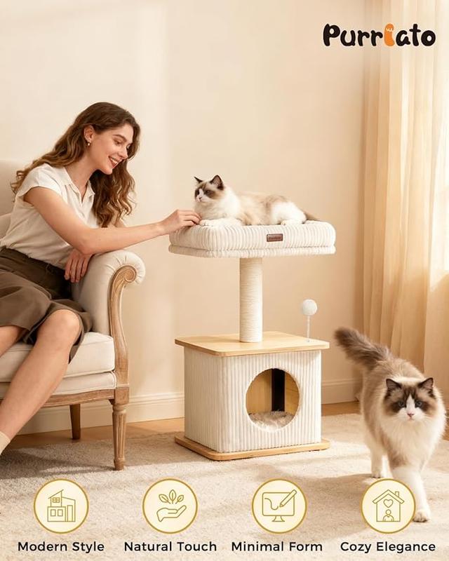 Cat Tree for Indoor Cats | Wooden Cat Tower with Sisal Scratching Posts, Padded Beds & Multi-Level Design（(Up to 10 lbs)）